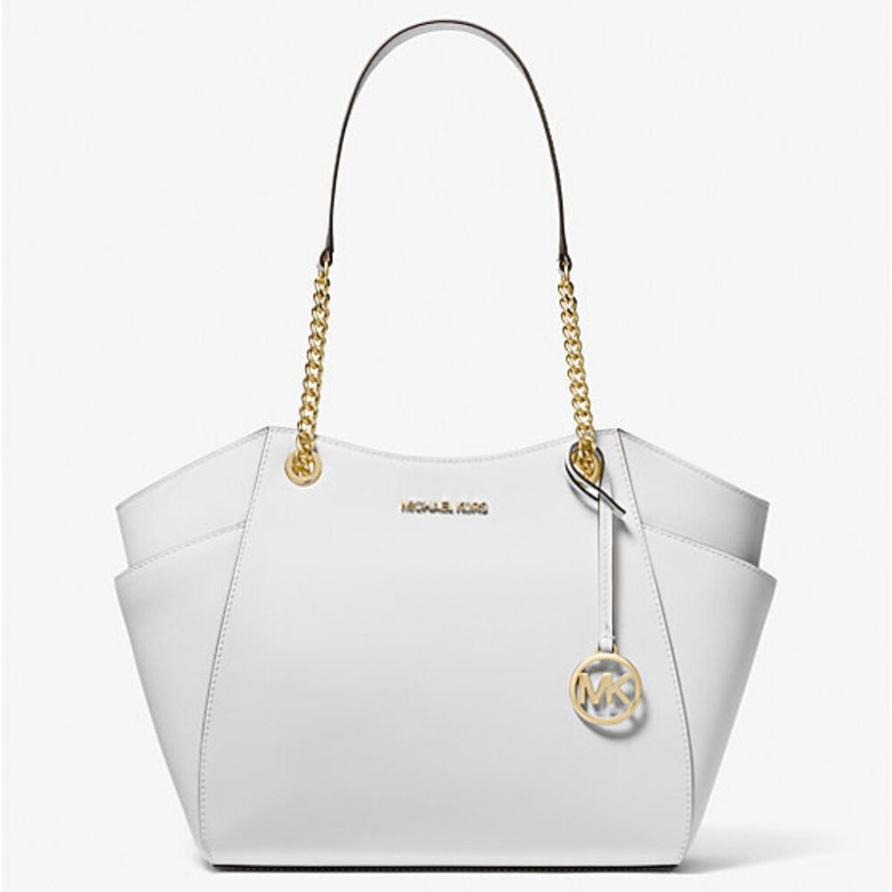New Michael Kors Jet Set Large Saffiano Leather Shoulder Bag Optic White
